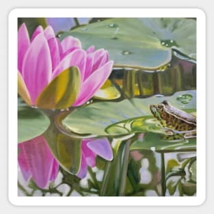 Contemplation - water lily and frog pond painting Sticker